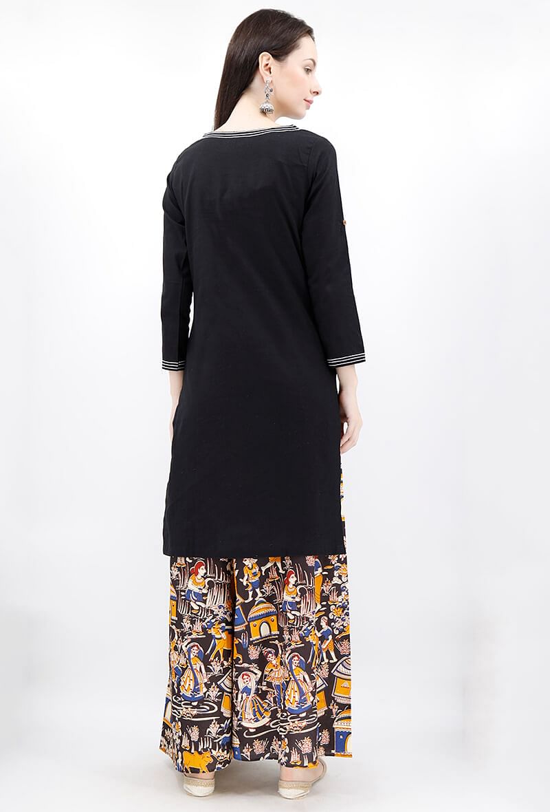 Set of 2 - Black Cotton Kurta and Deep Berry Kalamkari Palazzo サイズ S