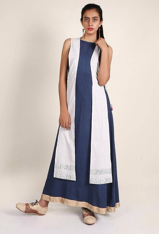 Imperial Blue Rayon Maxi Dress with White Cotton Tie-Up Overlay Set Featuring Floral Block Printing サイズ S