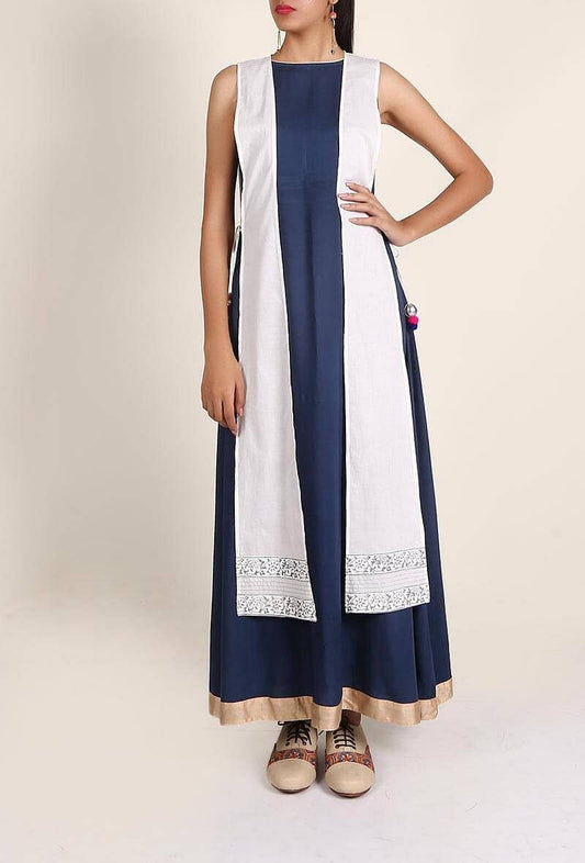 Imperial Blue Rayon Maxi Dress with White Cotton Tie-Up Overlay Set Featuring Floral Block Printing サイズ S