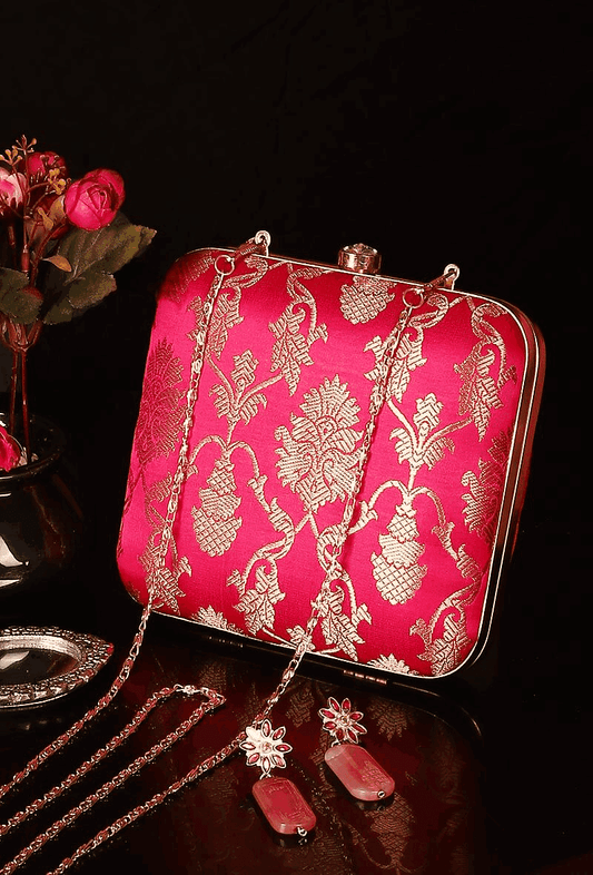 Fuchsia Brocade Box Clutch with Sling