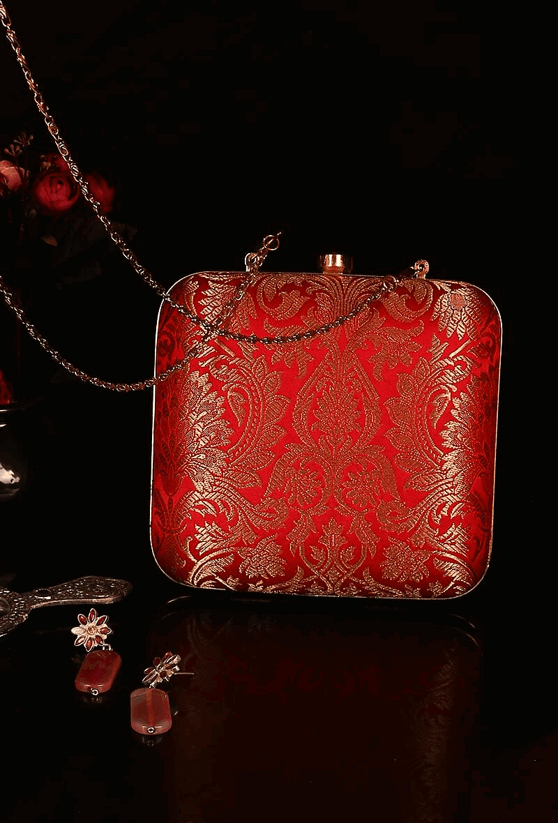 Garnet Red Brocade Box Clutch with Sling