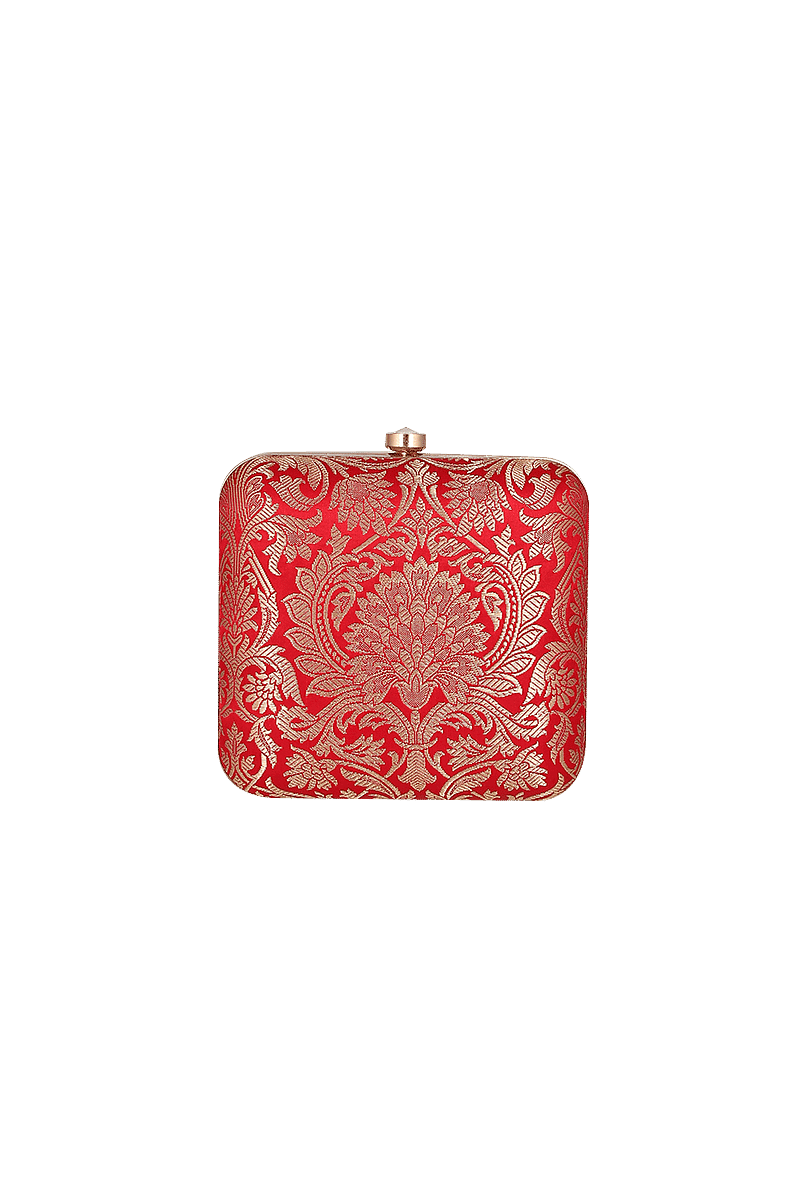 Garnet Red Brocade Box Clutch with Sling