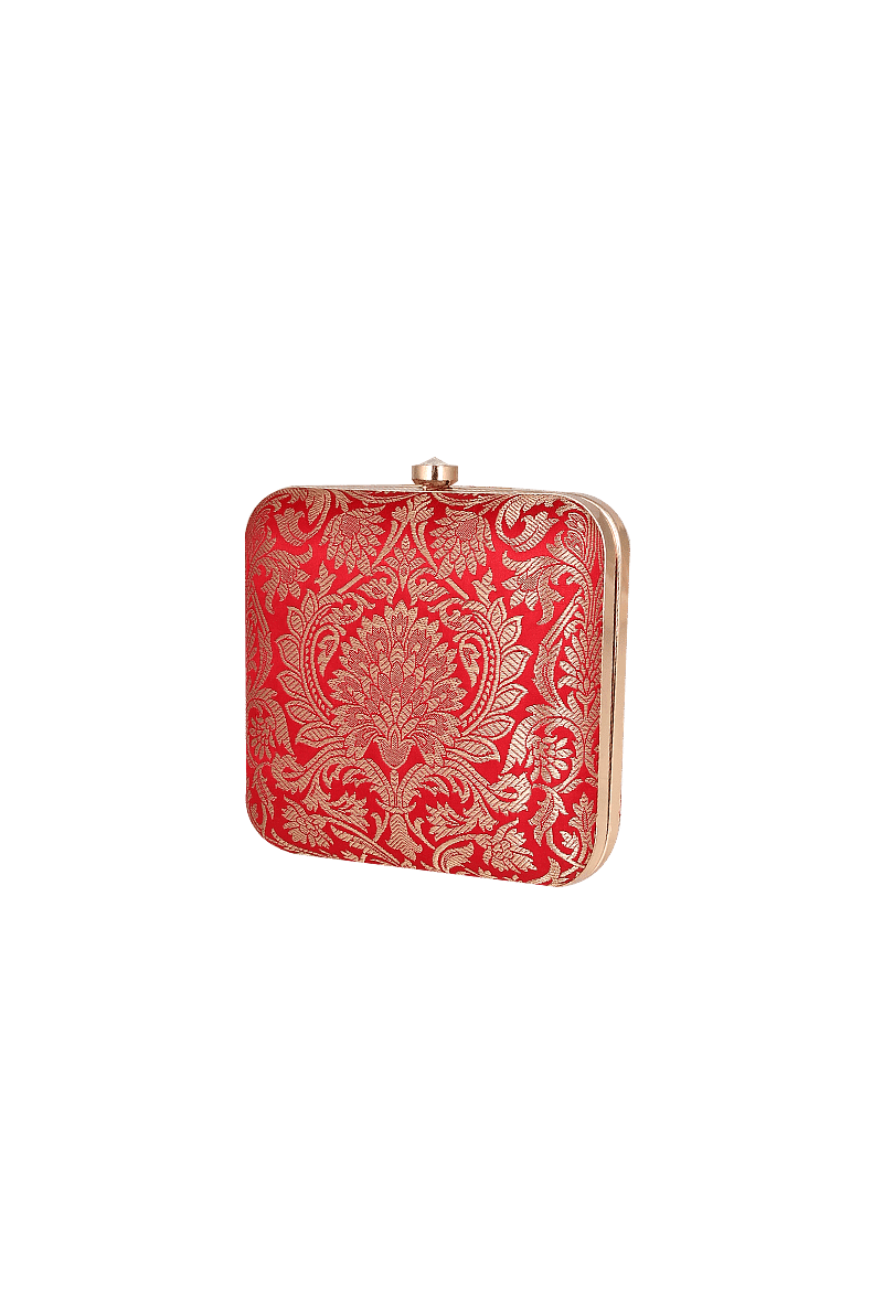 Garnet Red Brocade Box Clutch with Sling