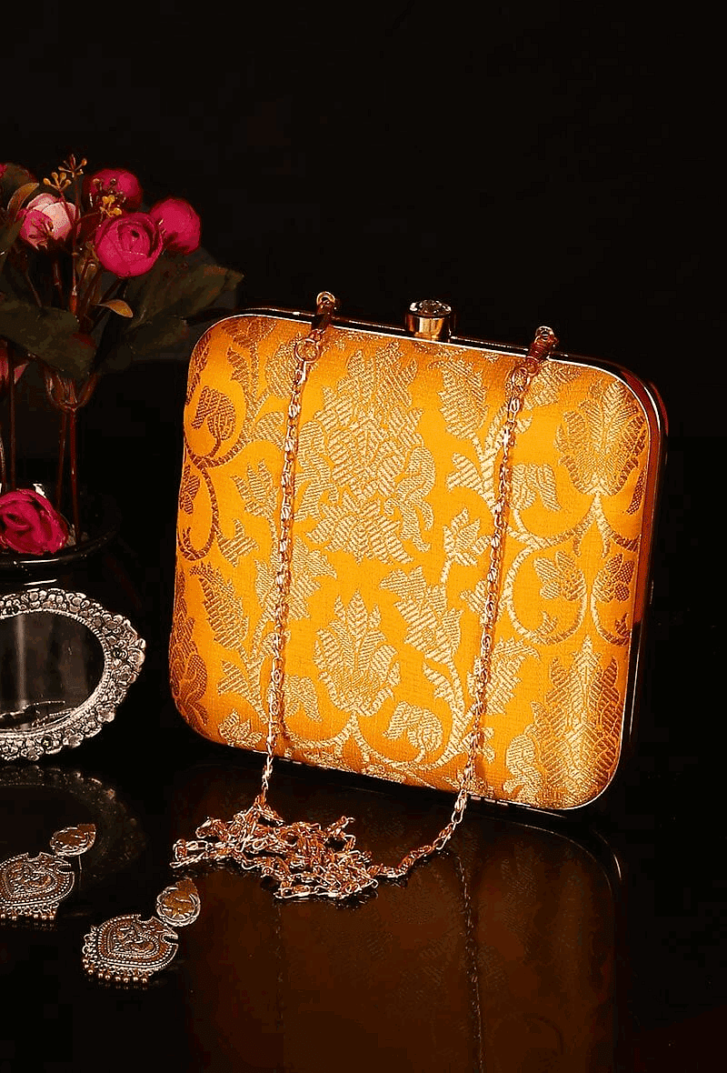 Yellow Brocade Box Clutch with Sling