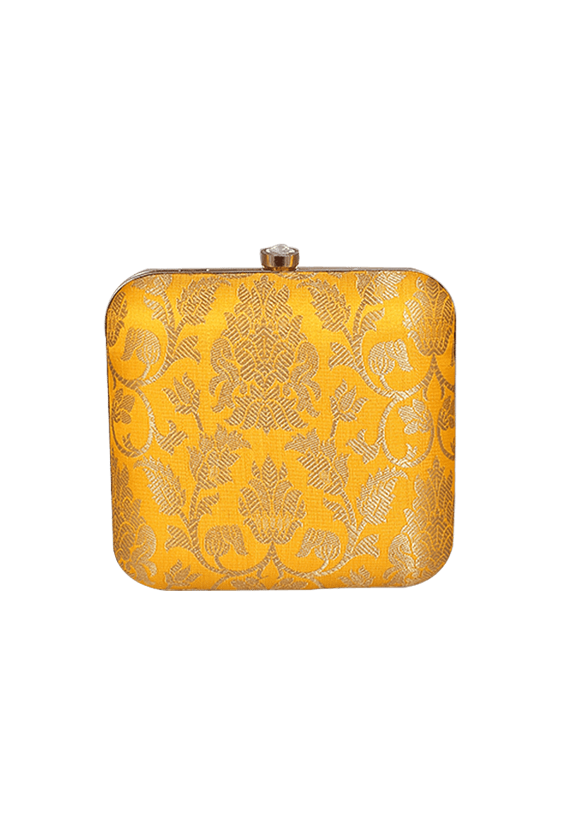 Yellow Brocade Box Clutch with Sling