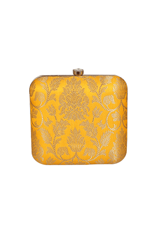 Yellow Brocade Box Clutch with Sling