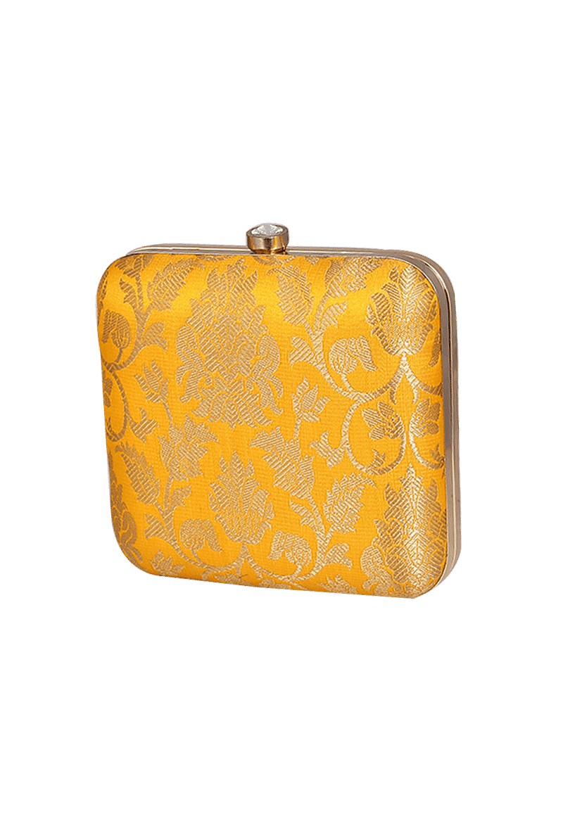 Yellow Brocade Box Clutch with Sling