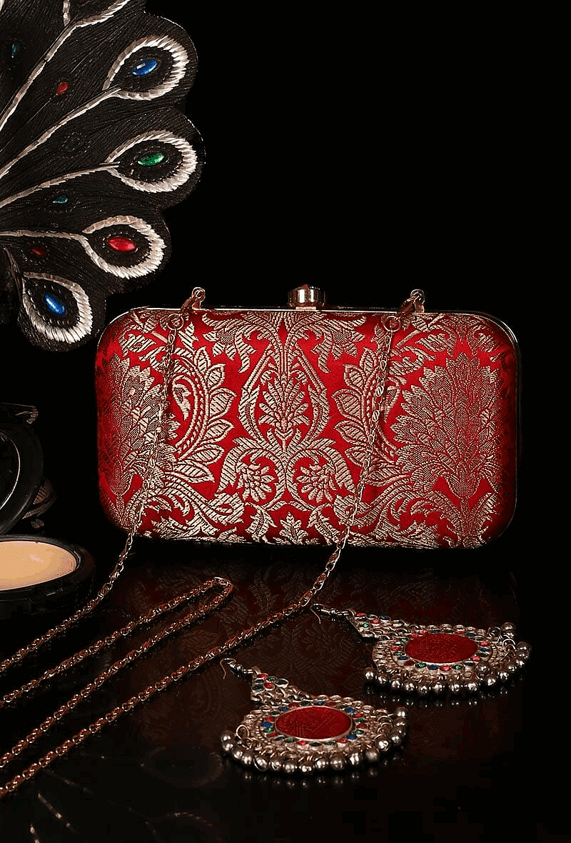 Scarlet Red Brocade Box Clutch with Sling