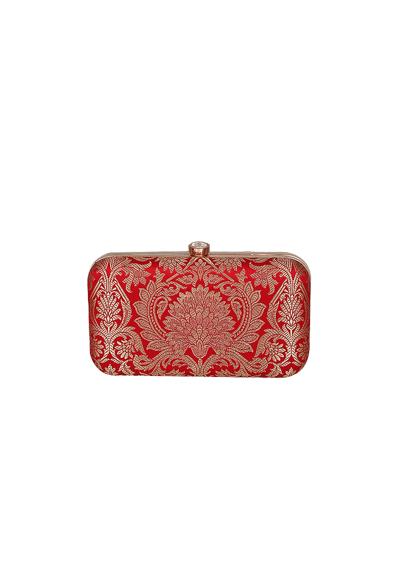 Scarlet Red Brocade Box Clutch with Sling