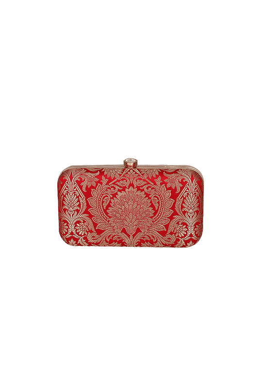 Scarlet Red Brocade Box Clutch with Sling