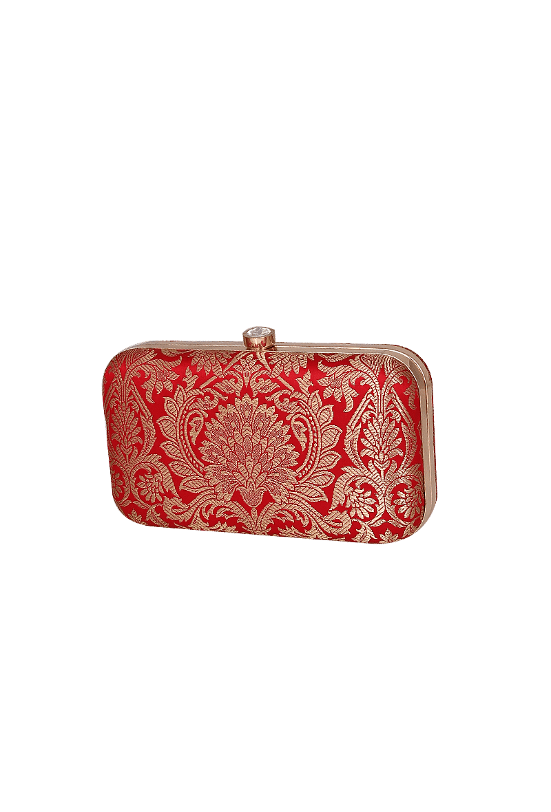 Scarlet Red Brocade Box Clutch with Sling
