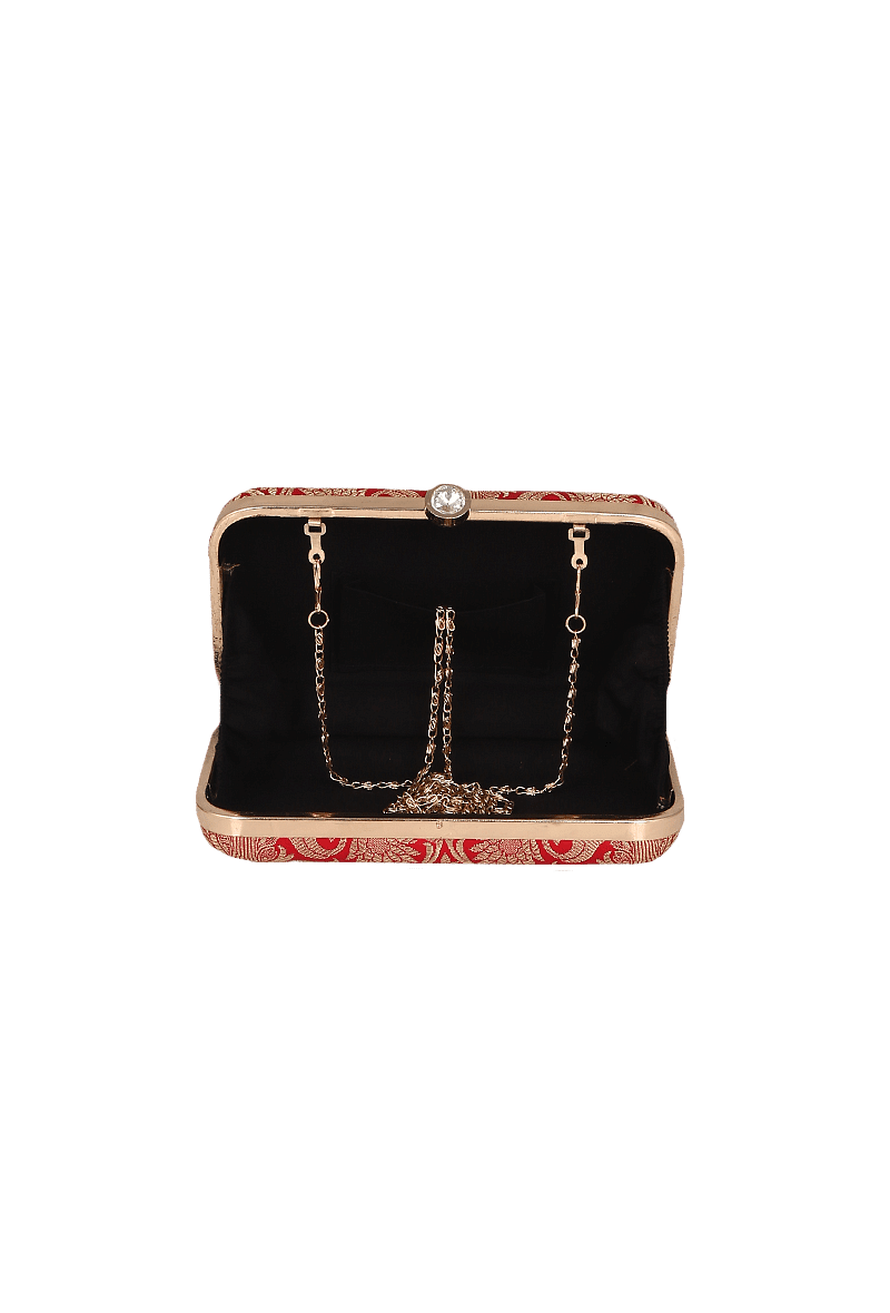 Scarlet Red Brocade Box Clutch with Sling
