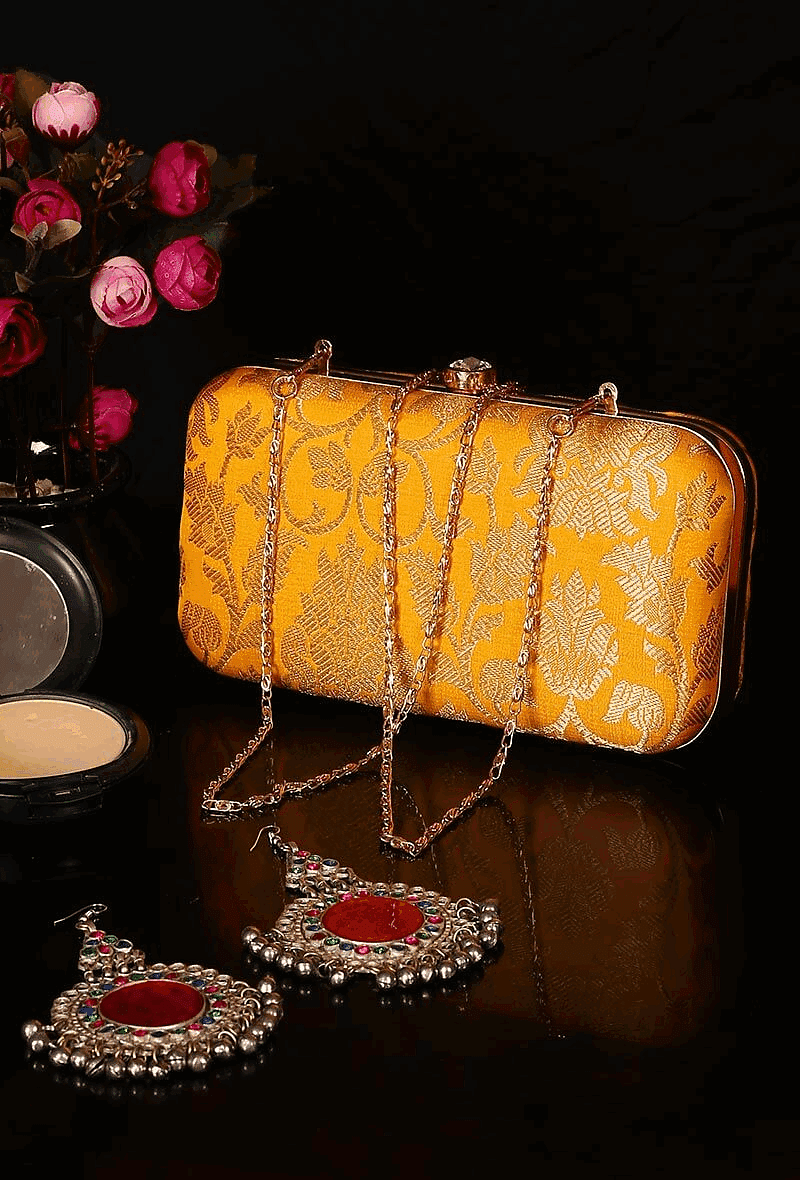 Sunshine Yellow Brocade Box Clutch with Sling