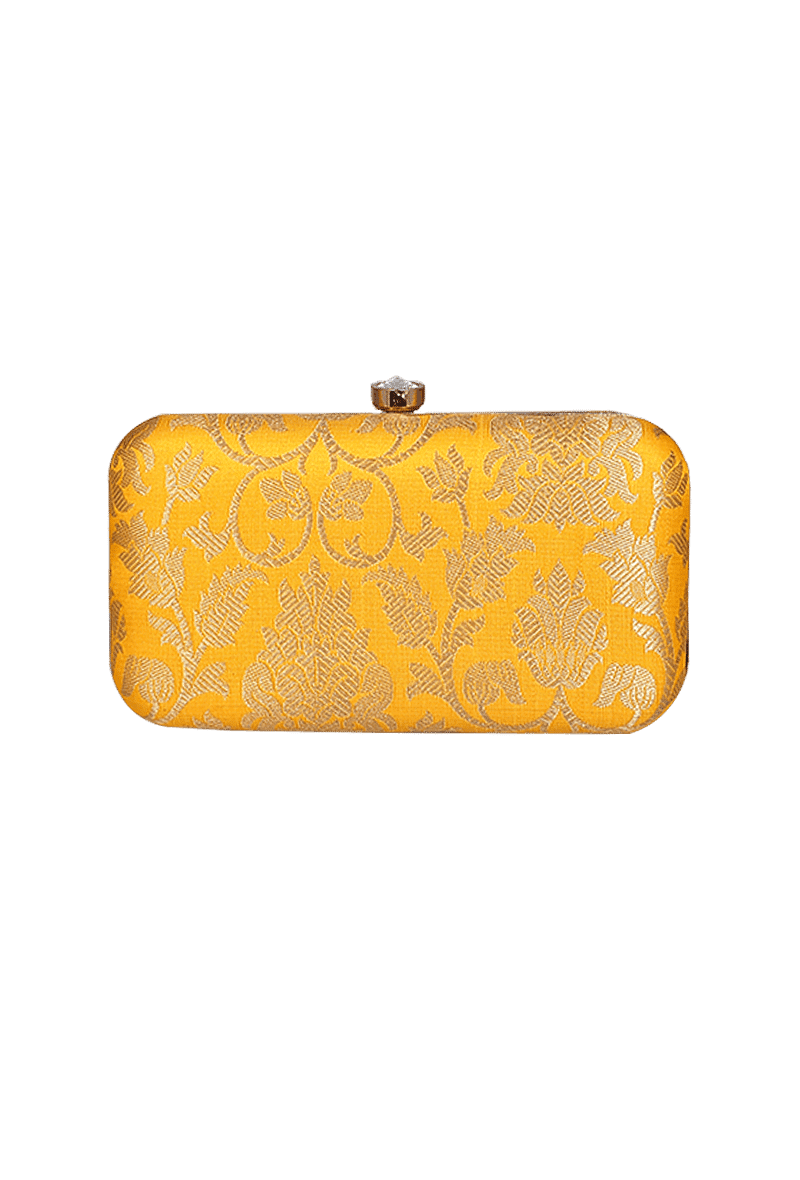 Sunshine Yellow Brocade Box Clutch with Sling
