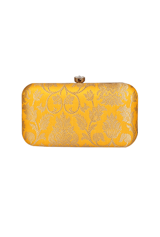 Sunshine Yellow Brocade Box Clutch with Sling