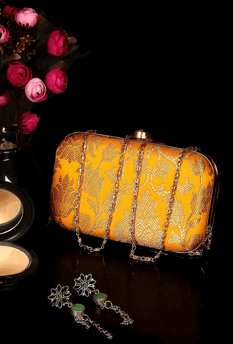 Sunflower Yellow Brocade Box Clutch with Sling