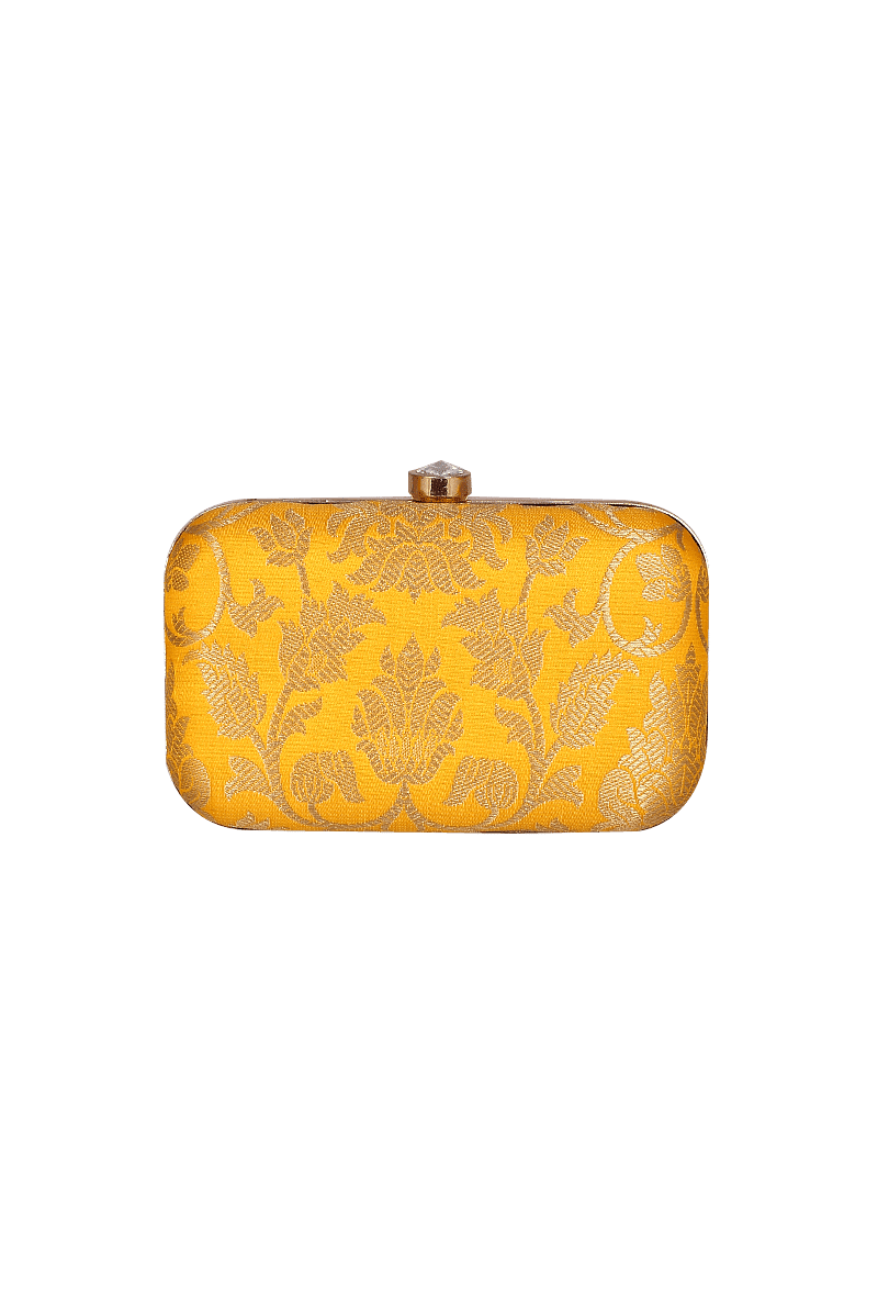Sunflower Yellow Brocade Box Clutch with Sling