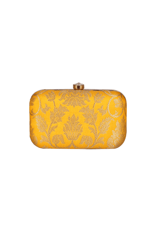 Sunflower Yellow Brocade Box Clutch with Sling