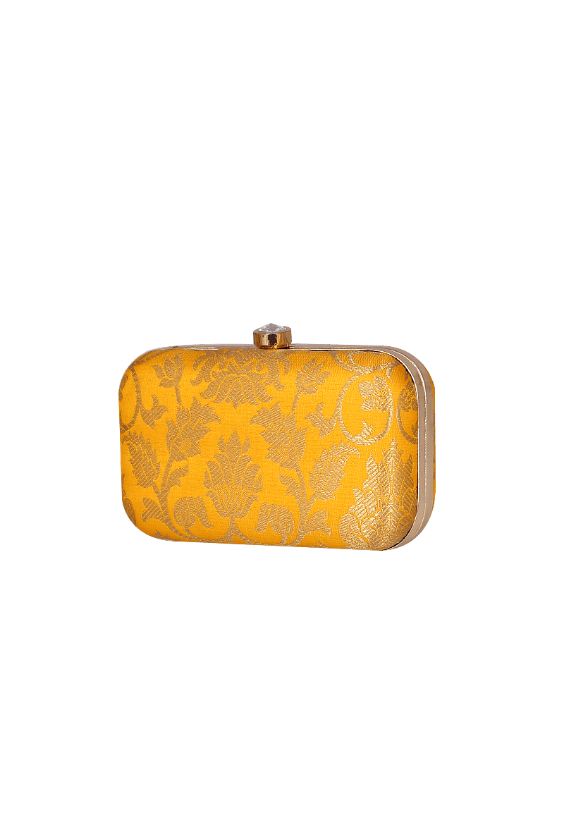 Sunflower Yellow Brocade Box Clutch with Sling