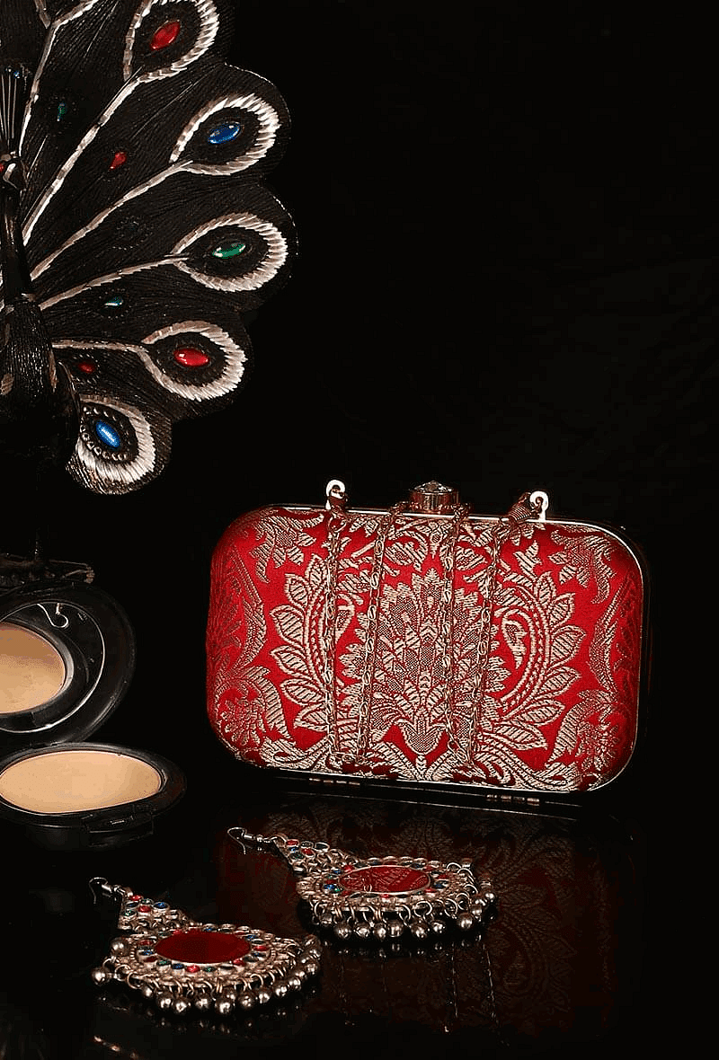 Cherry Red Brocade Box Clutch with Sling