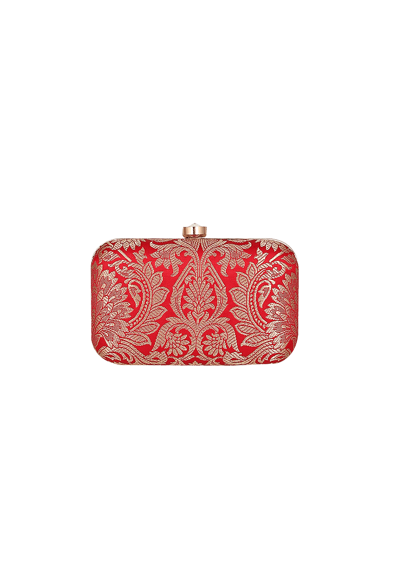 Cherry Red Brocade Box Clutch with Sling