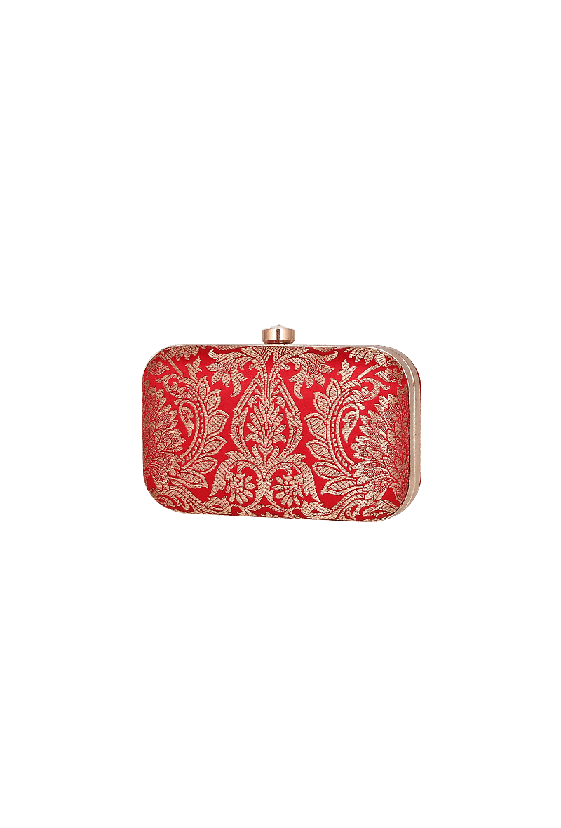 Cherry Red Brocade Box Clutch with Sling