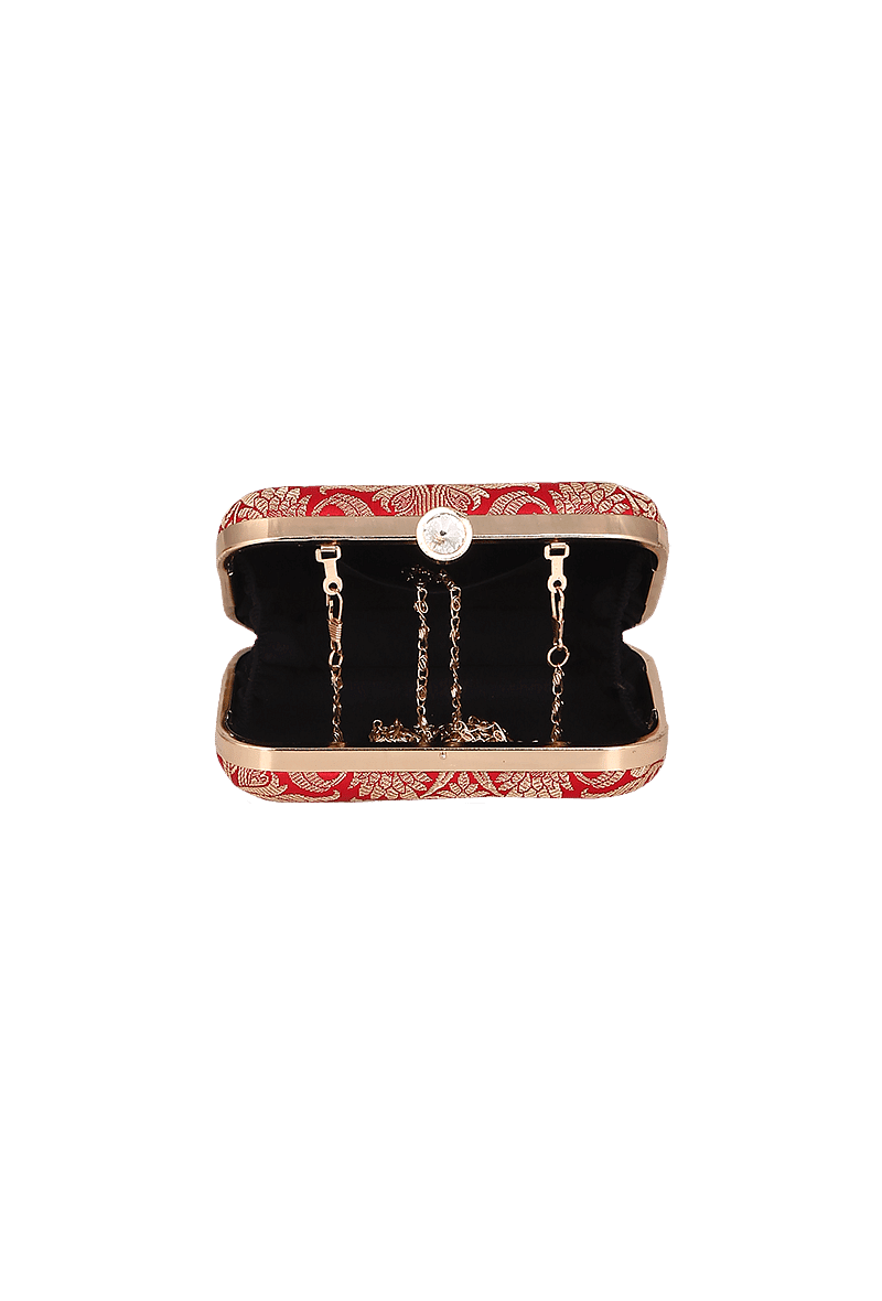 Cherry Red Brocade Box Clutch with Sling