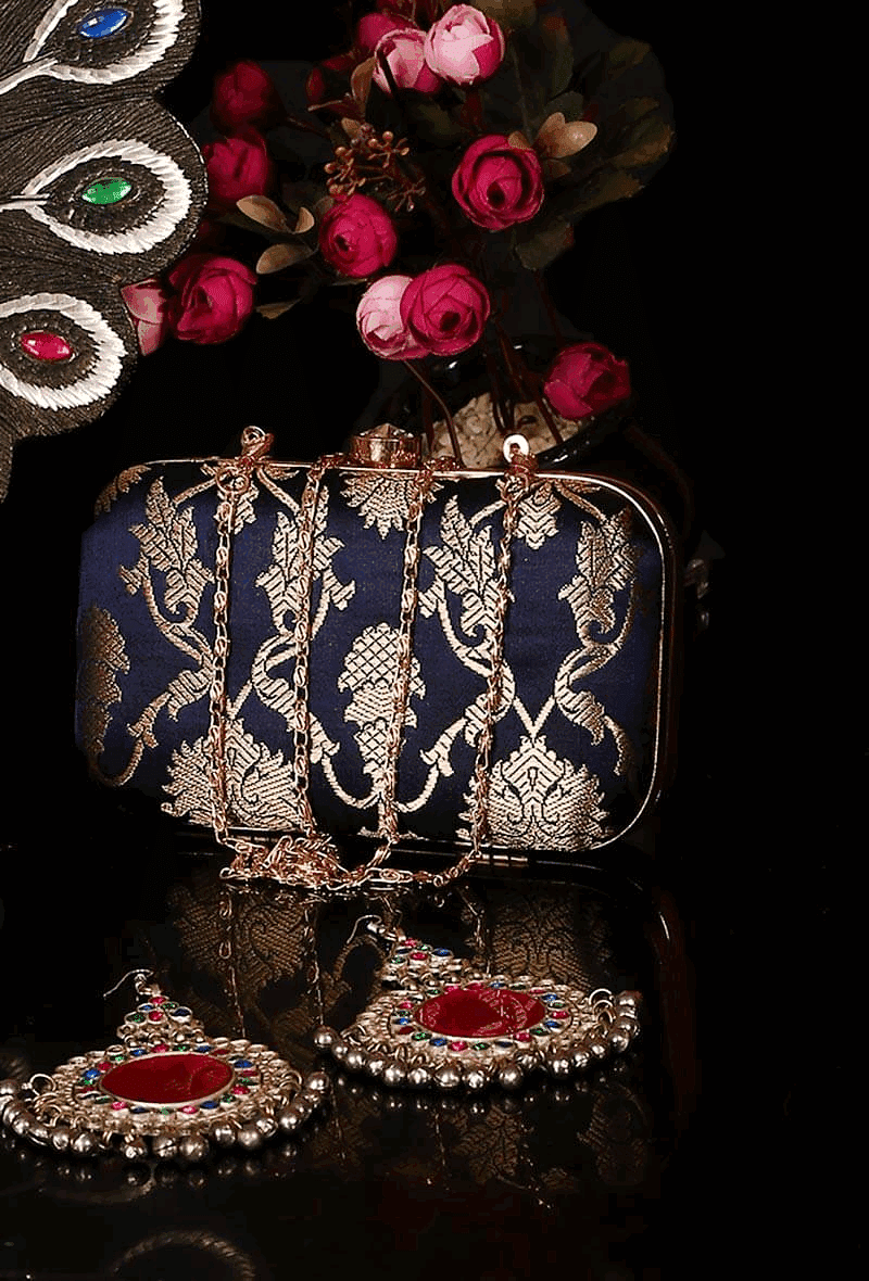 Royal Blue Brocade Box Clutch with Sling