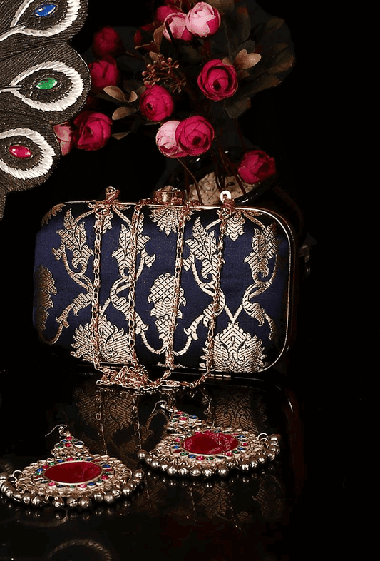 Royal Blue Brocade Box Clutch with Sling