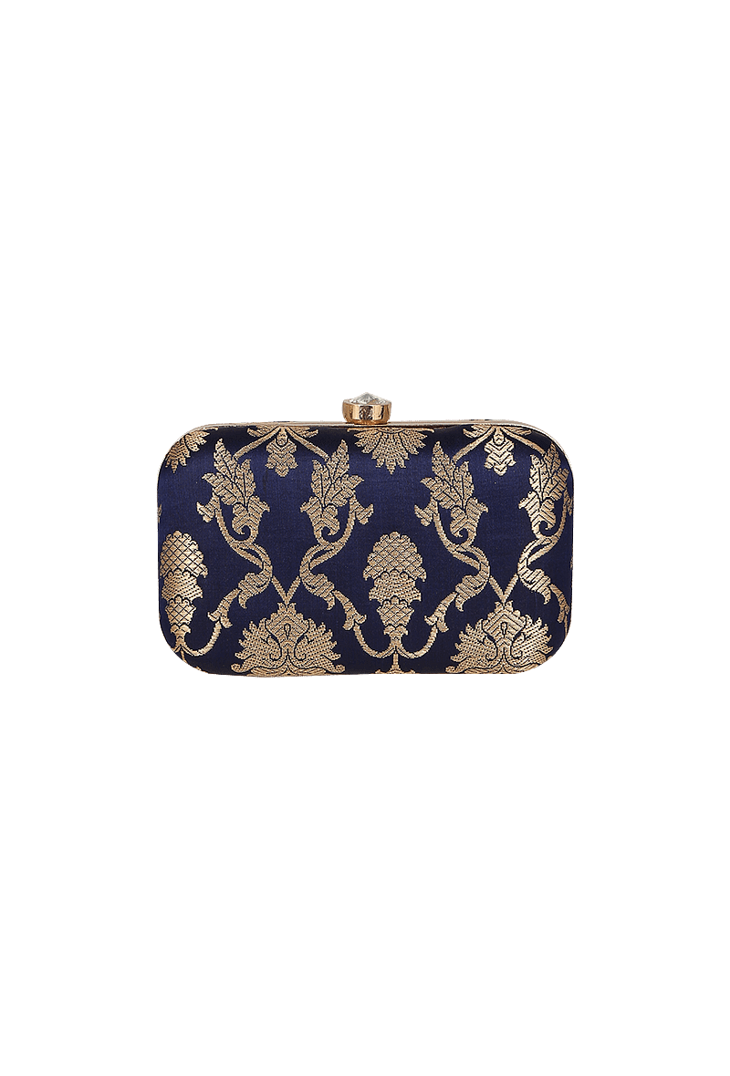Royal Blue Brocade Box Clutch with Sling