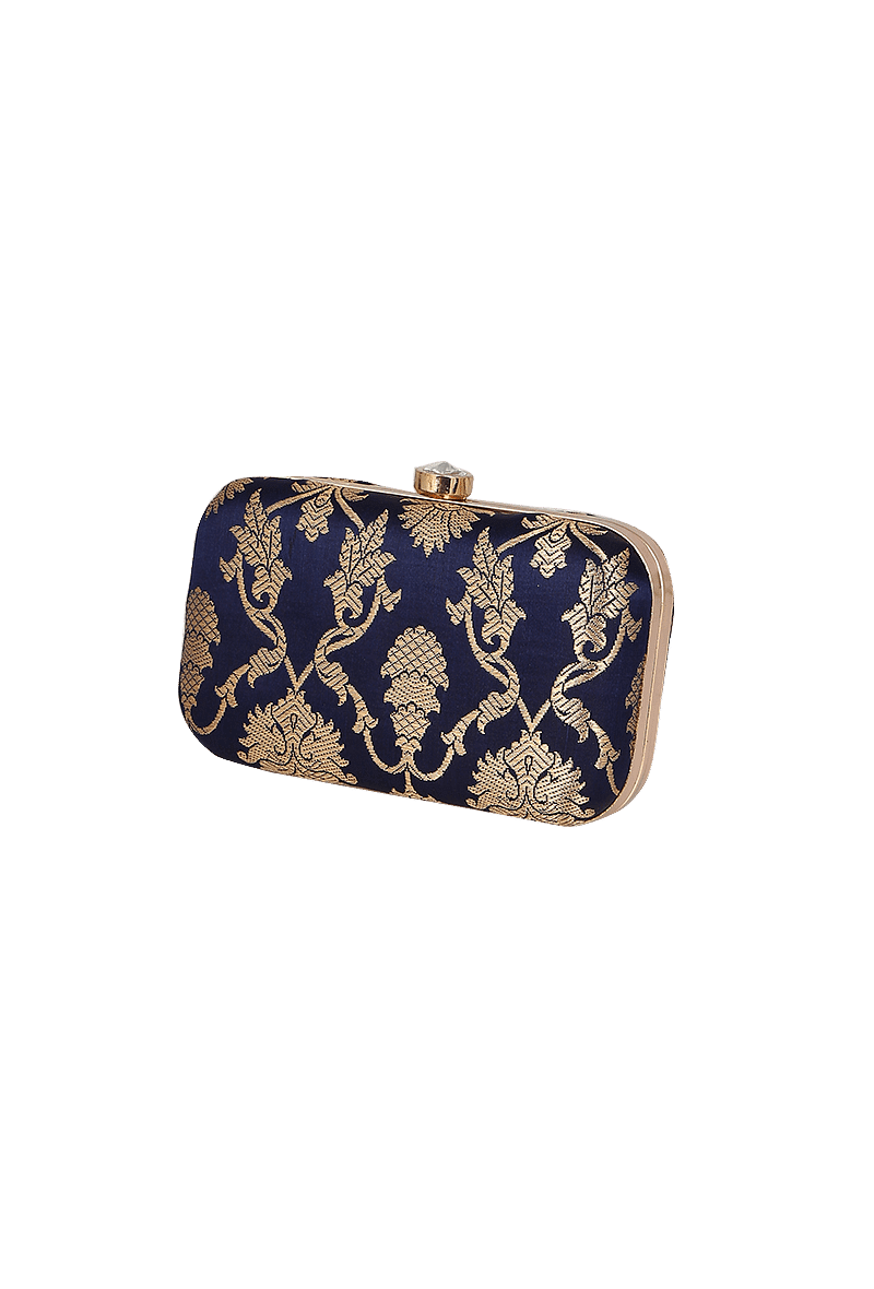 Royal Blue Brocade Box Clutch with Sling