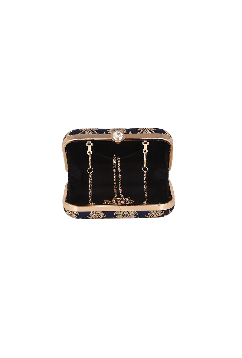 Royal Blue Brocade Box Clutch with Sling