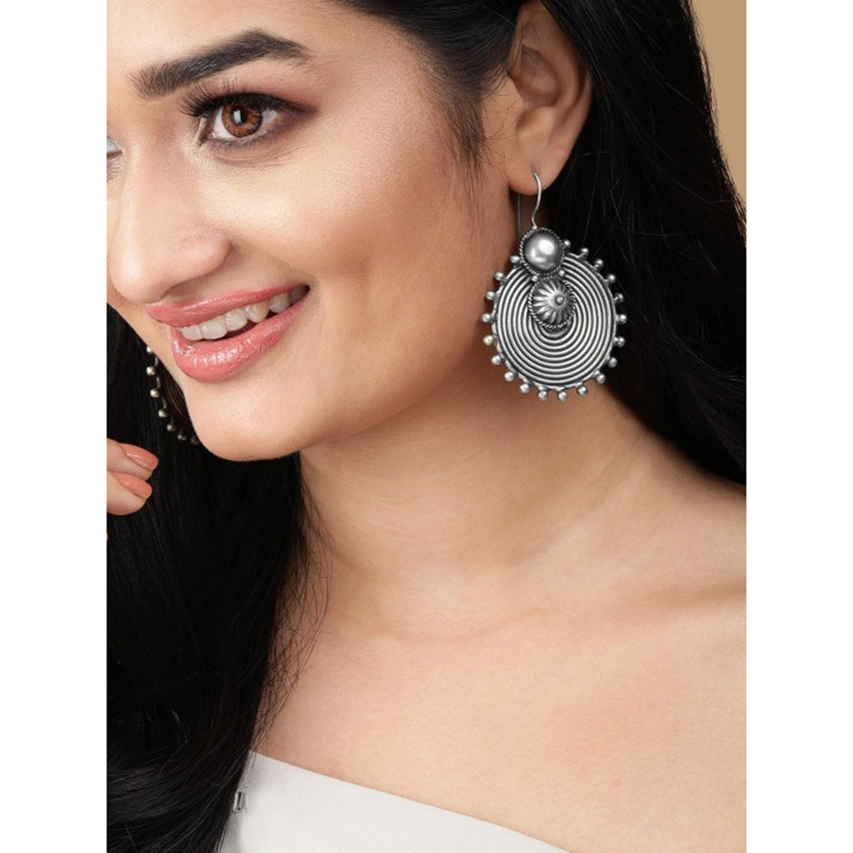 Rubans Oxidised Silver Toned Circular Drop Earrings Silver