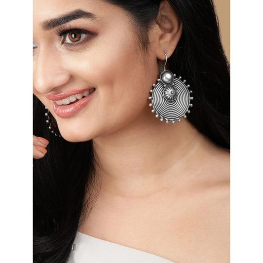 Rubans Oxidised Silver Toned Circular Drop Earrings Silver