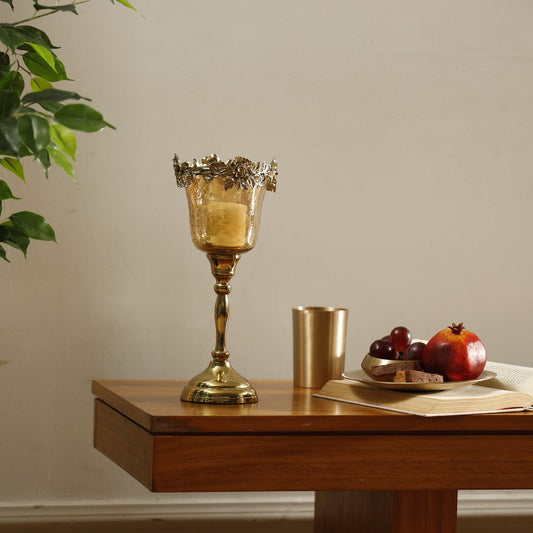 【Pure Home + Living】 Light Amber Lustre & Gold Glass Tealight Holder - Small｜ライトアンバー ラスター＆ゴールド ガラス ティーライトホルダー（S）｜12.5×12.5×29cm
