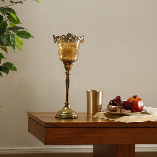 【Pure Home + Living】 Light Amber Lustre & Gold Glass Tealight Holder - Large｜ライトアンバー ラスター＆ゴールド ガラス ティーライトホルダー（L）｜12.5×12.5×34.5cm