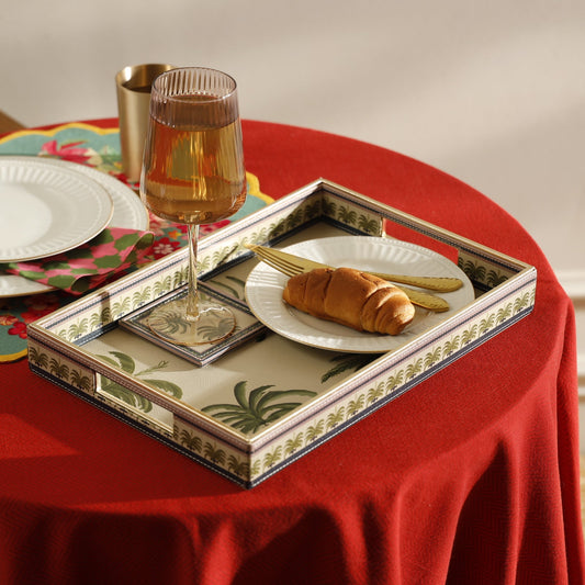 【Pure Home + Living】 Palmero Beige & Green Faux Leather Rectangular Tray｜パルメロ ベージュ＆グリーン フェイクレザー 長方形トレイ｜38.3×25.5×5cm