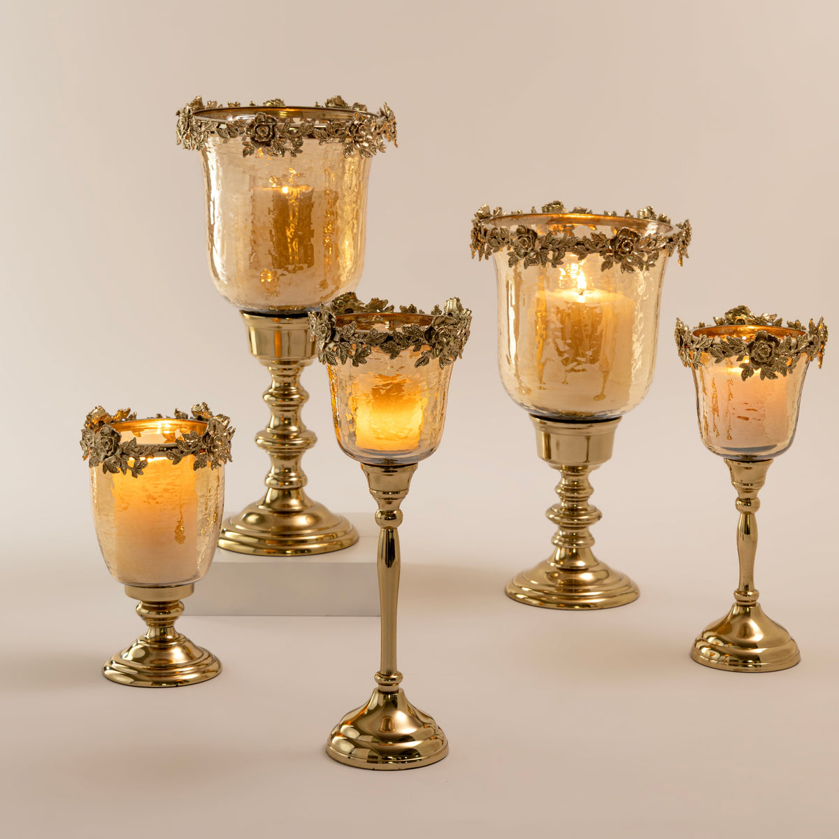 【Pure Home + Living】 Light Amber Lustre & Gold Glass Tealight Holder - Large｜ライトアンバー ラスター＆ゴールド ガラス ティーライトホルダー（L）｜12.5×12.5×34.5cm