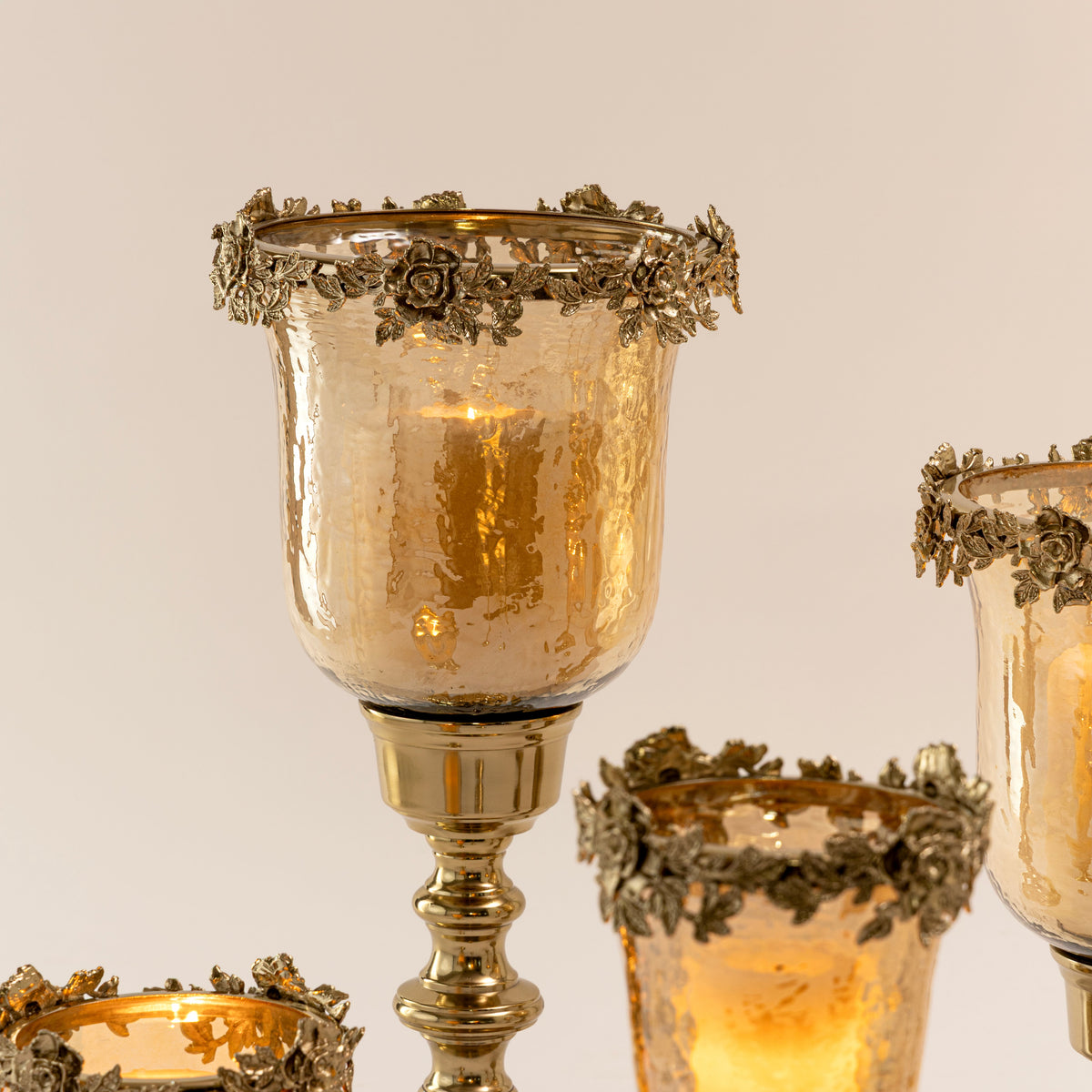 【Pure Home + Living】 Light Amber Lustre & Gold Glass Tealight Holder - Large｜ライトアンバー ラスター＆ゴールド ガラス ティーライトホルダー（L）｜12.5×12.5×34.5cm
