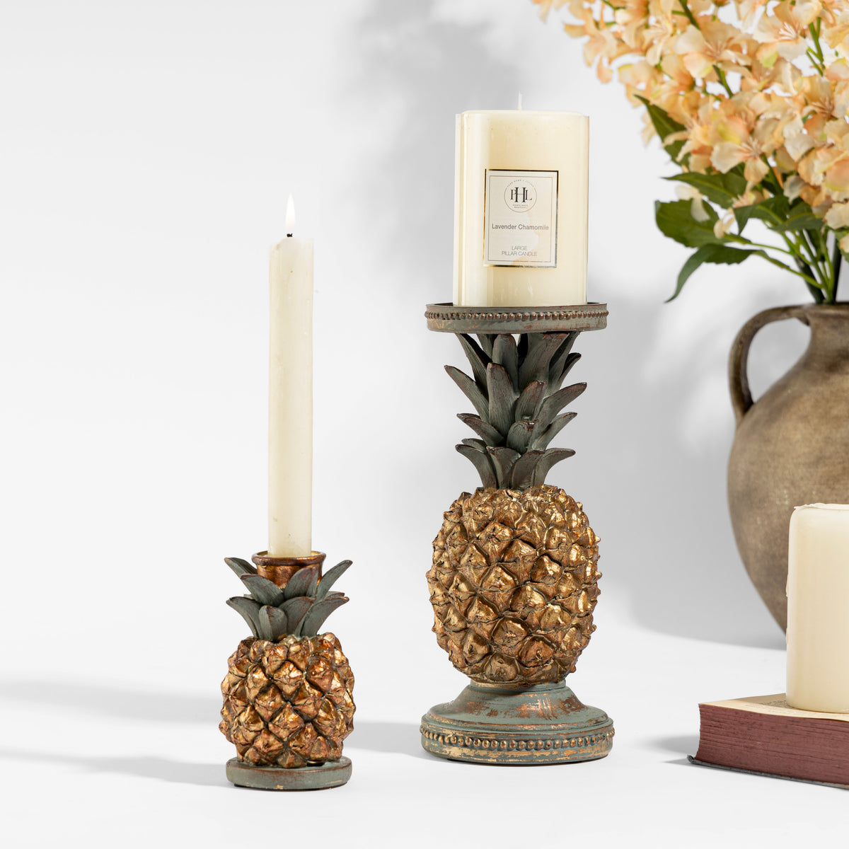 【Pure Home + Living】 Antique Gold & Green Pineapple Candle Holder - Small｜アンティークゴールド＆グリーン パイナップル キャンドルホルダー（S）｜高さ10cm