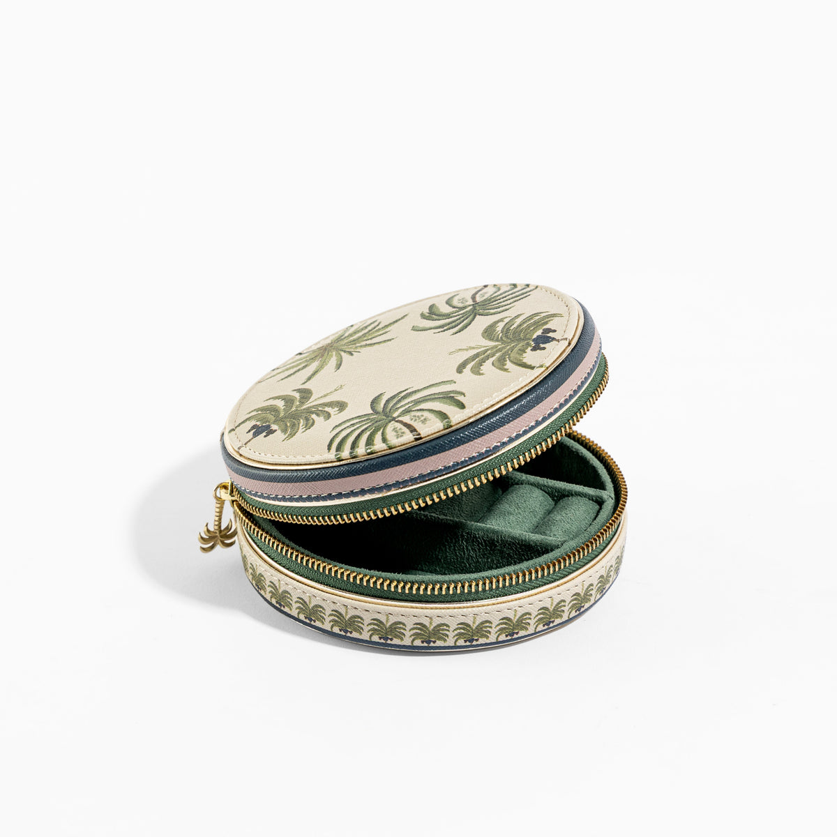 【Pure Home + Living】 Palmero Beige & Green Faux Leather Round Jewellery Box｜パルメロ ベージュ＆グリーン フェイクレザー 丸型ジュエリーボックス｜16×14×5.5cm