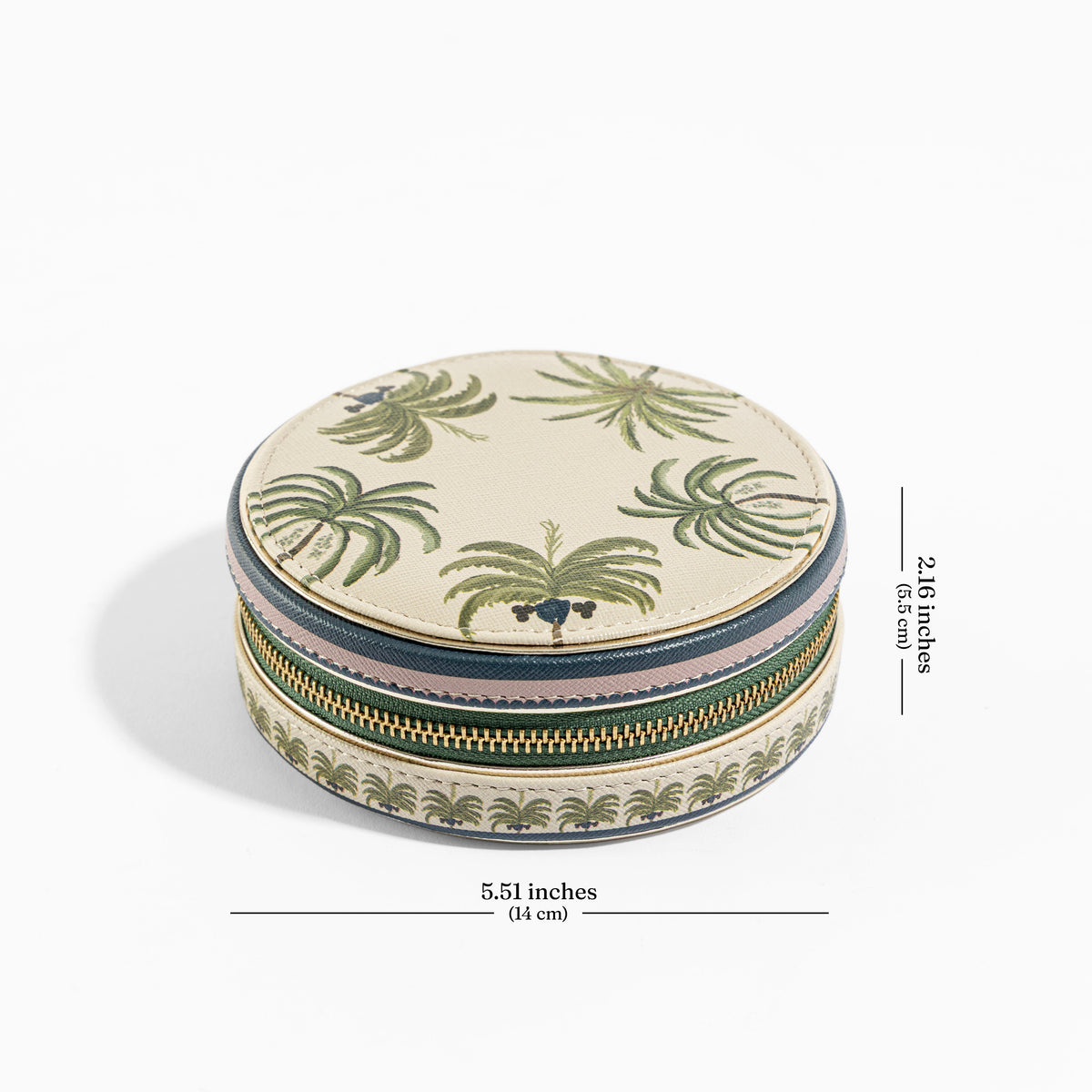 【Pure Home + Living】 Palmero Beige & Green Faux Leather Round Jewellery Box｜パルメロ ベージュ＆グリーン フェイクレザー 丸型ジュエリーボックス｜16×14×5.5cm