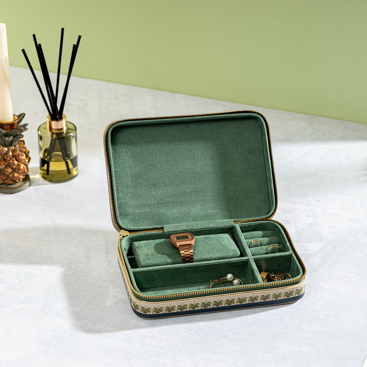 【Pure Home + Living】 Palmero Beige & Green Faux Leather Rectangular Jewellery Box｜パルメロ ベージュ＆グリーン フェイクレザー 長方形ジュエリーボックス｜24×16.5×6.5cm