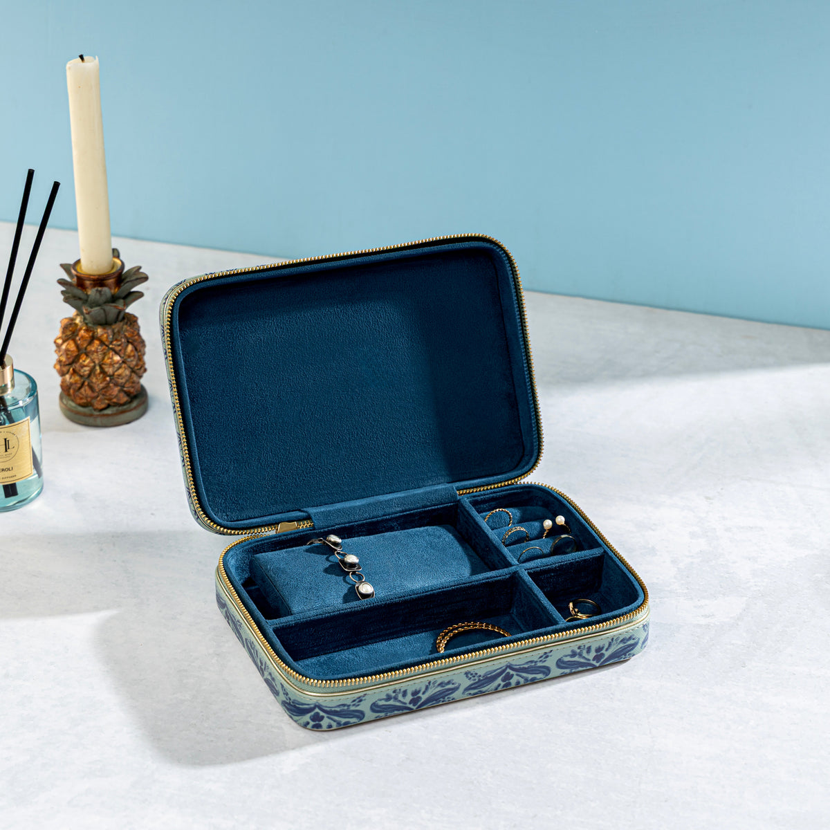 【Pure Home + Living】 Far East Blue Faux Leather Rectangular Jewellery Box｜ファーイースト ブルー フェイクレザー 長方形ジュエリーボックス｜24×16.5×6.5cm