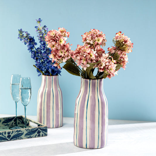 【Pure Home + Living】 Blue & Brown Striped Vase - Small｜ブルー＆ブラウン ストライプ 花瓶（S）｜13×13×26cm