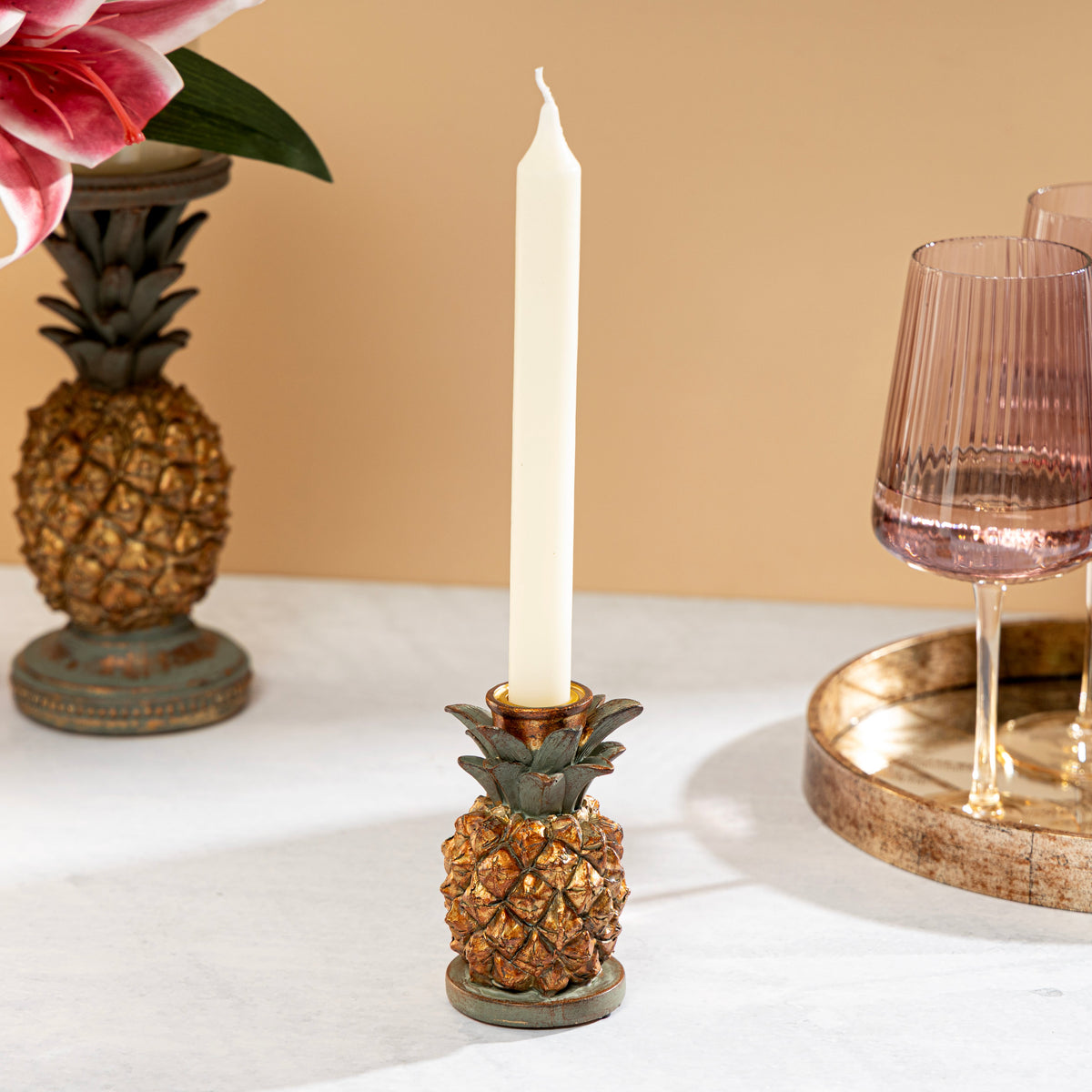 【Pure Home + Living】 Antique Gold & Green Pineapple Candle Holder - Small｜アンティークゴールド＆グリーン パイナップル キャンドルホルダー（S）｜高さ10cm