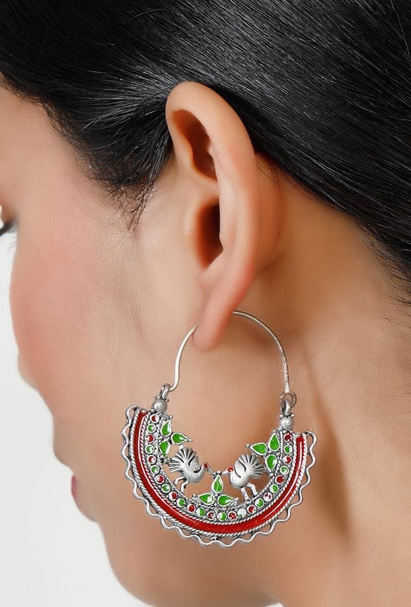 Red-Green Silver Plated Enamel Earrings