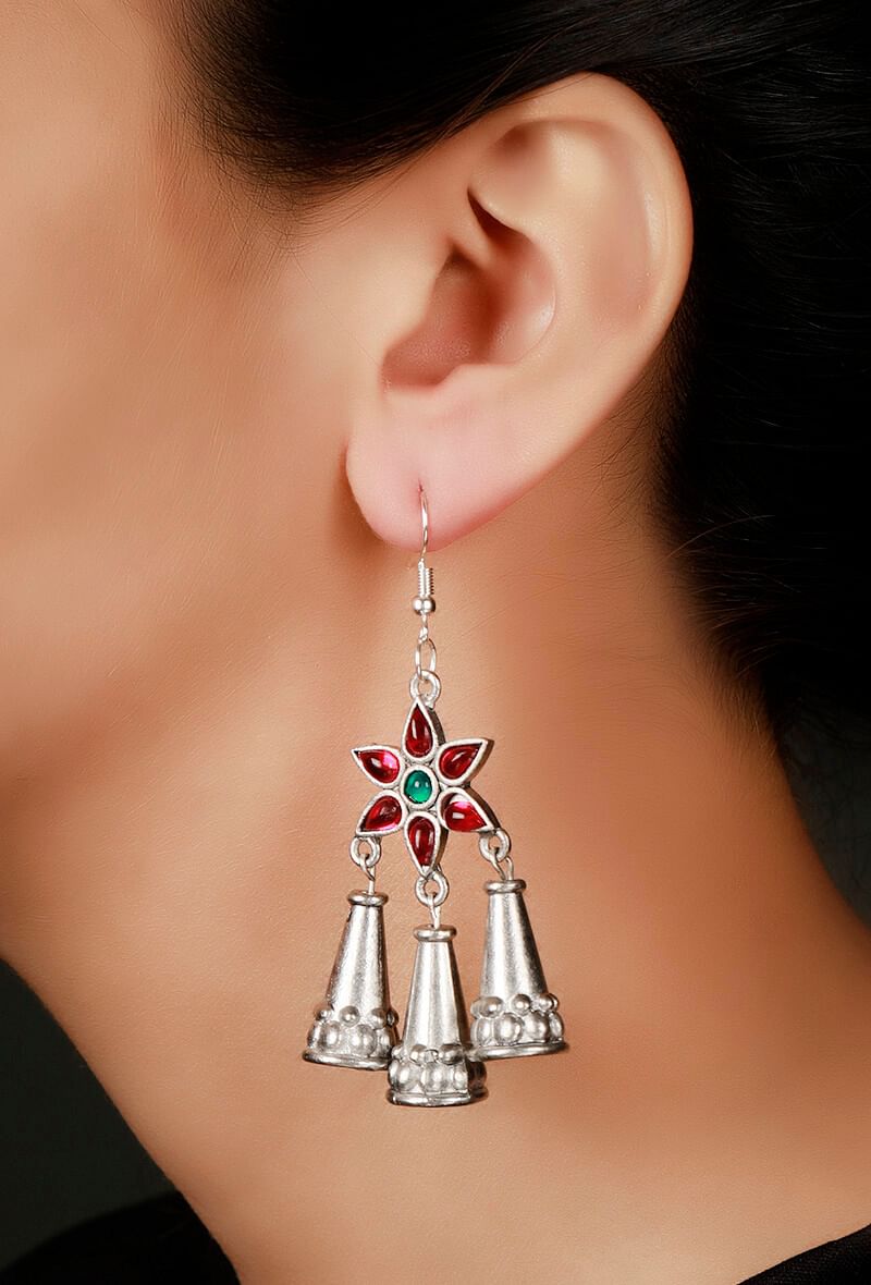 Pink-Green German Silver Afghan Earrings