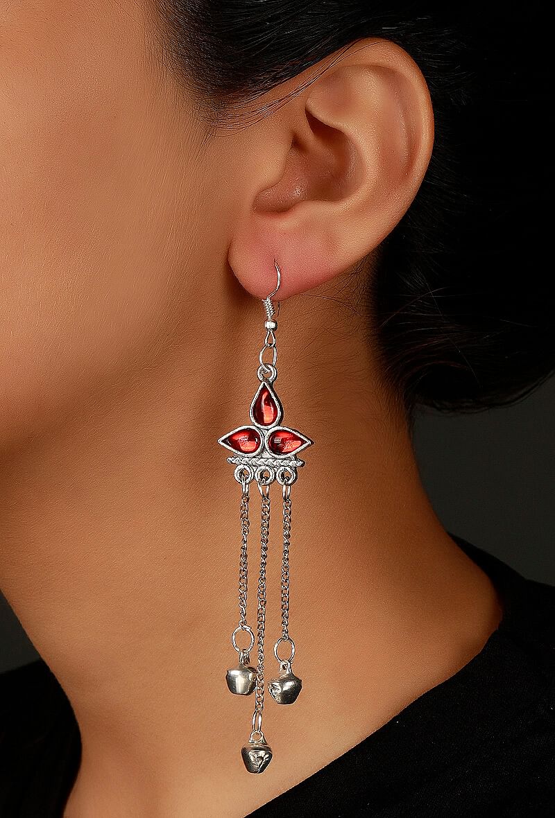 Red Tri-Leaf Afghan German Silver Earrings