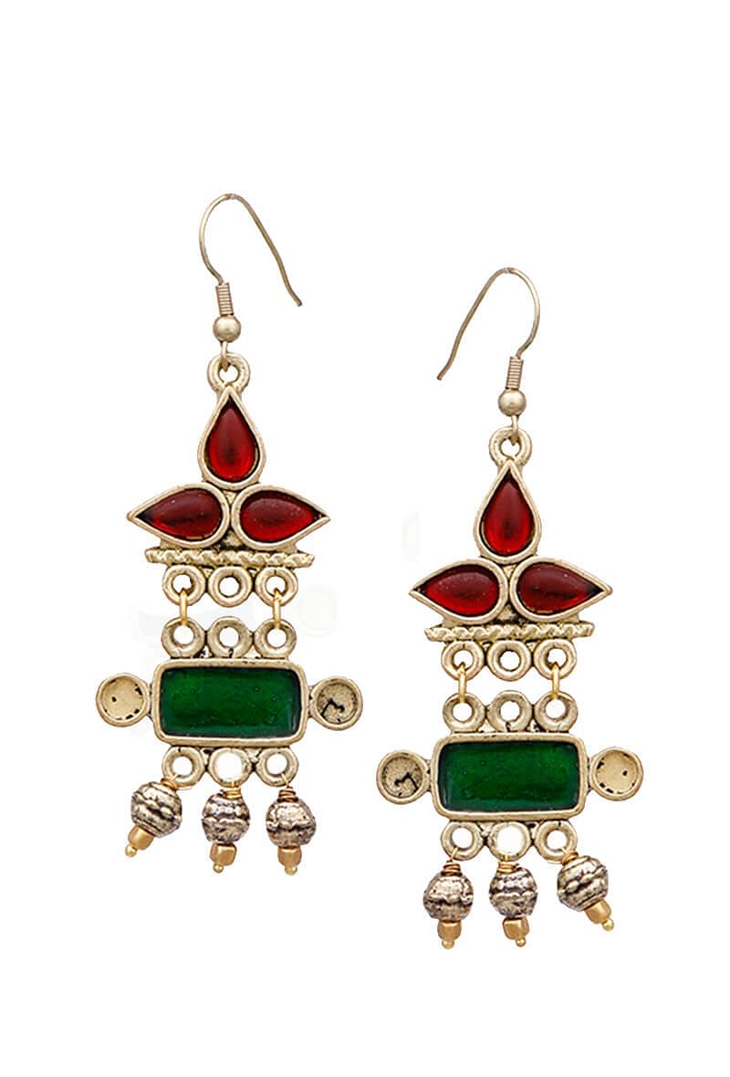 Green-Red German Silver Afghan Earrings